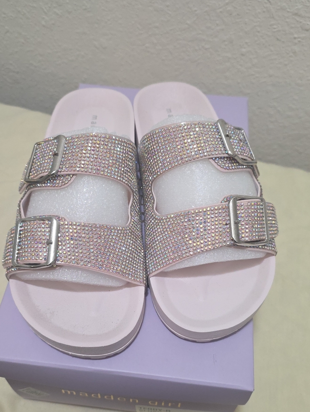 Madden Girl Sparkling Light Pink Double-Buckle Slide Sandals